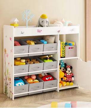 Speelgoedrek met 9 Opbergruimtes – Kinderkast met Stoffen Laden en Boekenplank