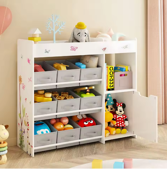 Speelgoedrek met 9 Opbergruimtes – Kinderkast met Stoffen Laden en Boekenplank