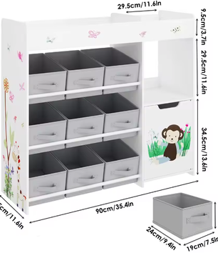 Speelgoedrek met 9 Opbergruimtes – Kinderkast met Stoffen Laden en Boekenplank