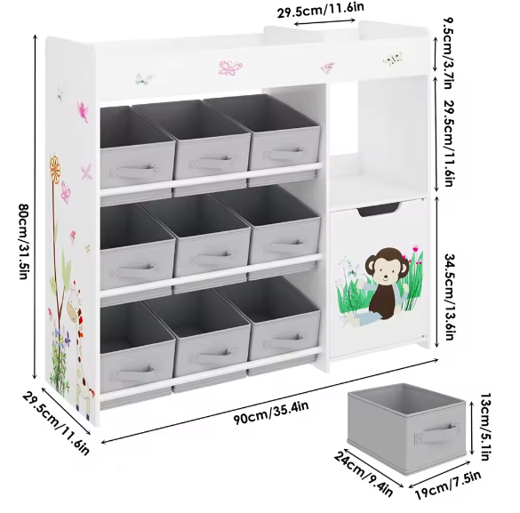 Speelgoedrek met 9 Opbergruimtes – Kinderkast met Stoffen Laden en Boekenplank