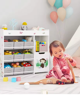 Speelgoedrek met 9 Opbergruimtes – Kinderkast met Stoffen Laden en Boekenplank