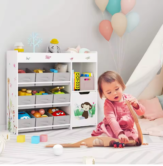 Speelgoedrek met 9 Opbergruimtes – Kinderkast met Stoffen Laden en Boekenplank