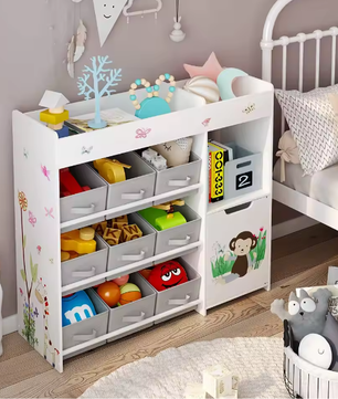 Speelgoedrek met 9 Opbergruimtes – Kinderkast met Stoffen Laden en Boekenplank