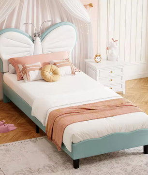 Gestoffeerd Bed met Vlindervormig Hoofdbord – LED-verlichting, Verstelbare Hoogte en PU-Kunstleer