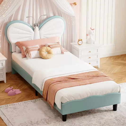 Gestoffeerd Bed met Vlindervormig Hoofdbord – LED-verlichting, Verstelbare Hoogte en PU-Kunstleer