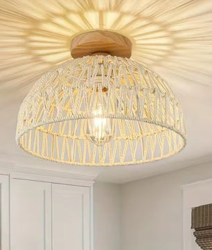 Handgemaakte Rotan Geweven Plafondlamp – Bohemian Semi-Embedded Hanglamp met E26/E27 Fitting voor Woonkamer, Slaapkamer & Eetkamer