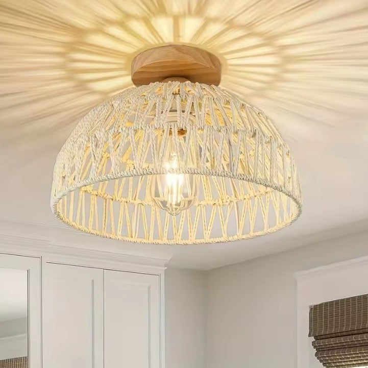 Handgemaakte Rotan Geweven Plafondlamp – Bohemian Semi-Embedded Hanglamp met E26/E27 Fitting voor Woonkamer, Slaapkamer & Eetkamer
