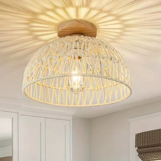 Handgemaakte Rotan Geweven Plafondlamp – Bohemian Semi-Embedded Hanglamp met E26/E27 Fitting voor Woonkamer, Slaapkamer & Eetkamer