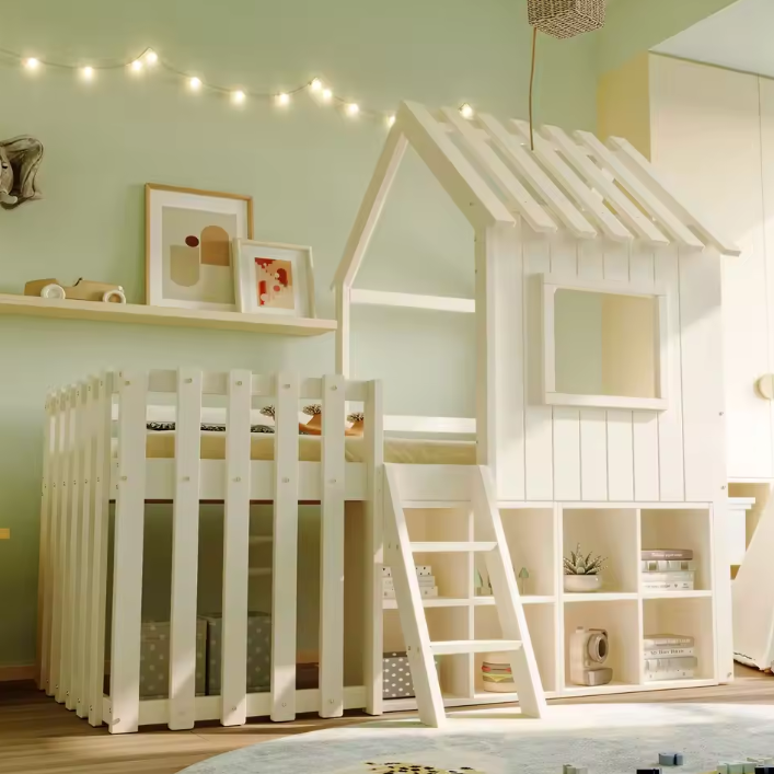 Kinder Huisbed 90 × 200 cm met Dak, Raam en Klimladder – Massief Houten Kinderbed met Opbergruimte
