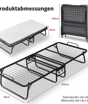 Opklapbed 90 × 190 cm met Wielen en 10 cm Traagschuimmatras – Opvouwbaar Logeerbed