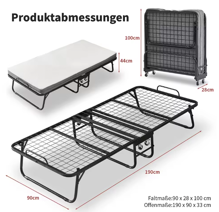 Opklapbed 90 × 190 cm met Wielen en 10 cm Traagschuimmatras – Opvouwbaar Logeerbed