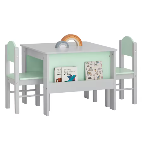 Kindertafel met Stoelen en Opbergplank – Kinderzitgroep voor Spelen en Leren, Lichtgrijs