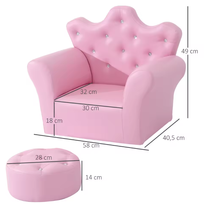 Kinderfauteuil met Voetsteun – Kroonvormige Kinderbank met Hoge Rug
