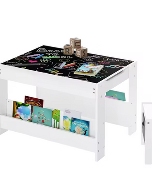 Kindertafel met 2 Stoelen en Opbergruimte – Omkeerbaar Schoolbord