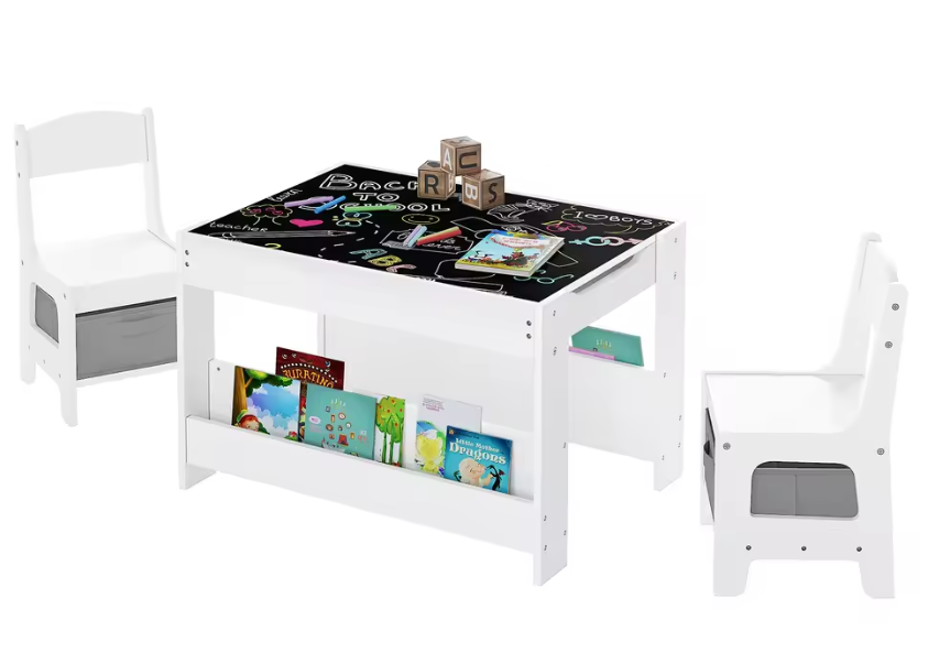 Kindertafel met 2 Stoelen en Opbergruimte – Omkeerbaar Schoolbord