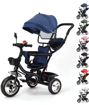 Driewieler met Duwstang en Draaibare Zitting – Met Luifel, Mand en Bekerhouder (9 maanden tot 25 kg)