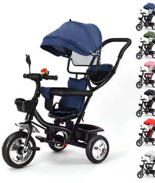Driewieler met Duwstang en Draaibare Zitting – Met Luifel en Accessoires, Tot 25 kg