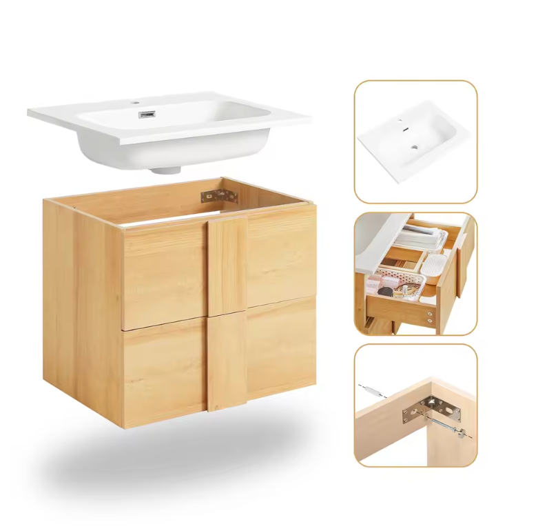 Wastafel Onderkast Badkamer met 2 Lades en Keramische Wastafel – 61×54×46 cm