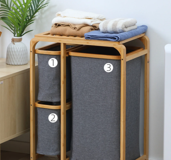 Bamboe Wasmand met 3 Afneembare Waszakken en Bovenplank