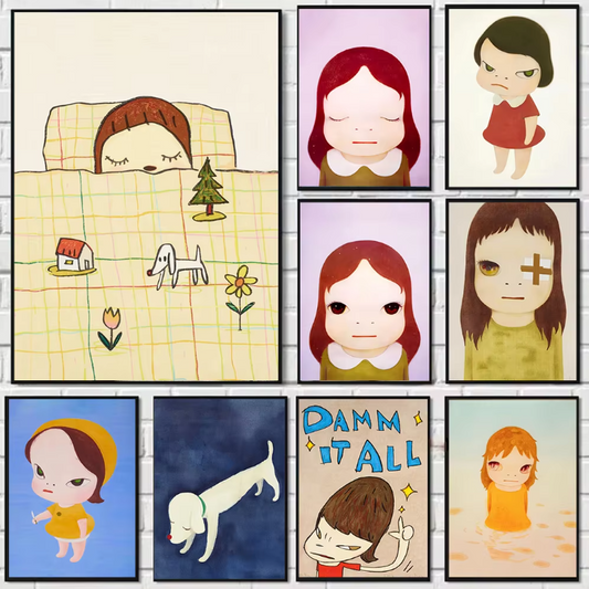 Japanse Cartoon Kunstposter op Canvas – Speelse Sleepwalking Doll Illustratie voor Kinderkamer of Woonruimte