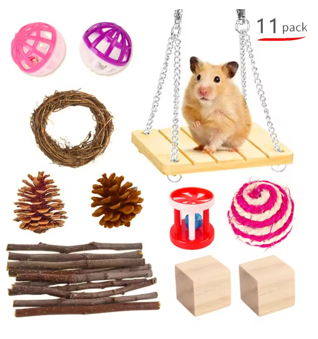 Houten Knaagdier Speelgoedset – Kauw en Speel Set voor Kleine Dieren