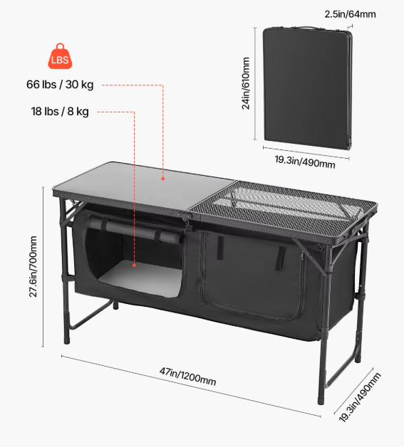 Camping Keukentafel – Opvouwbare Outdoor Kooktafel met Opbergruimte en Verstelbare Hoogte