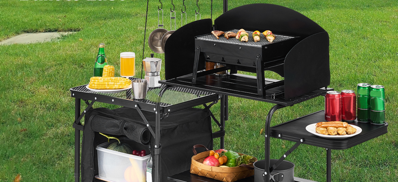Opvouwbare Camping Keukentafel – Aluminium Cook Station met Opbergkast en Windscherm