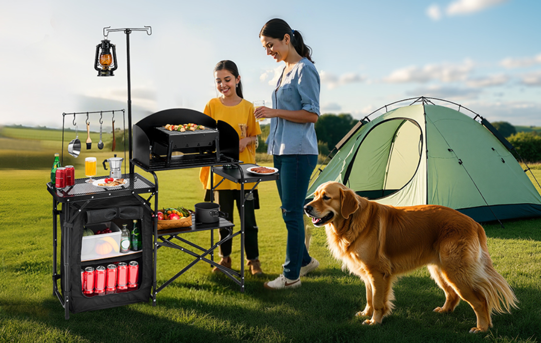Opvouwbare Camping Keukentafel – Aluminium Cook Station met Opbergkast en Windscherm