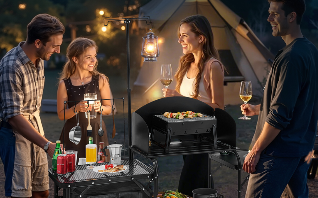 Opvouwbare Camping Keukentafel – Aluminium Cook Station met Opbergkast en Windscherm