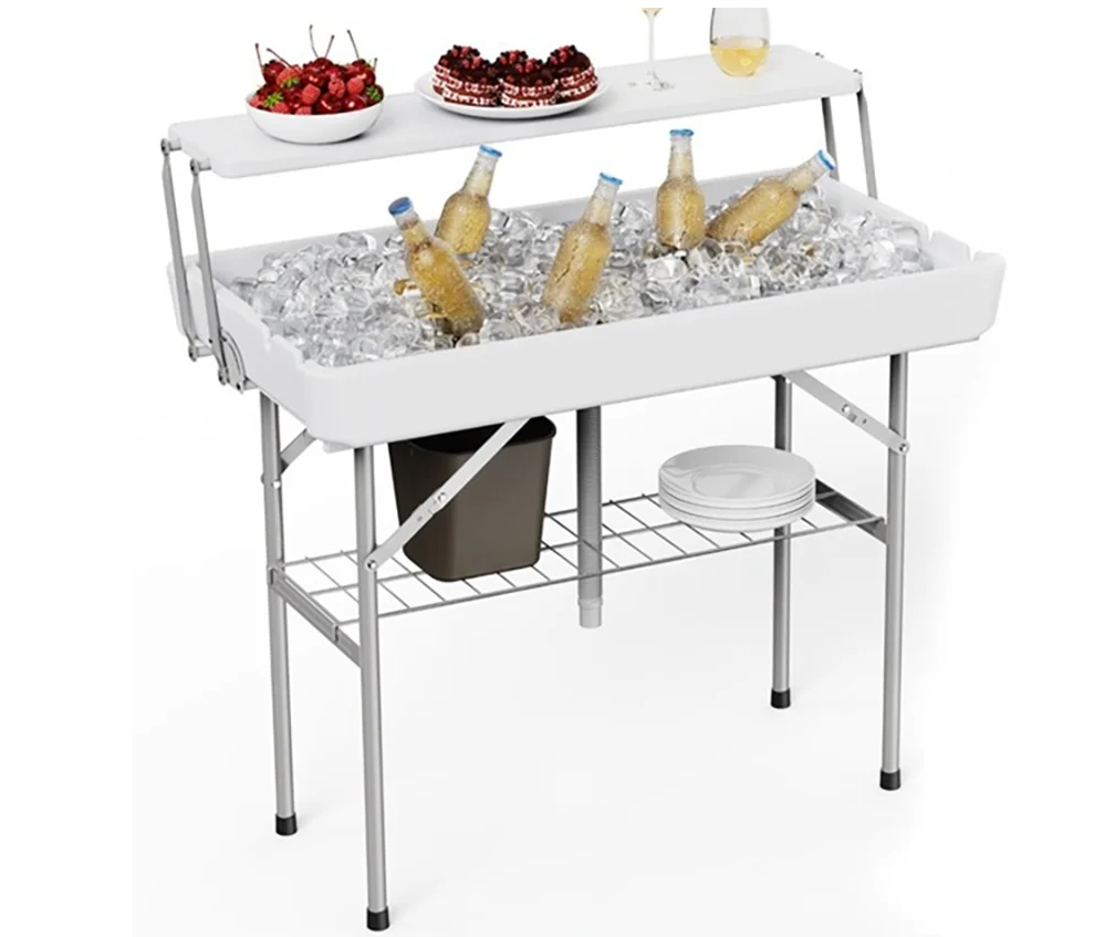 Opvouwbare Koeltafel voor Buiten – Inclusief IJsbak en Extra Opbergplank, Ideaal voor Tuin, Camping en Feesten