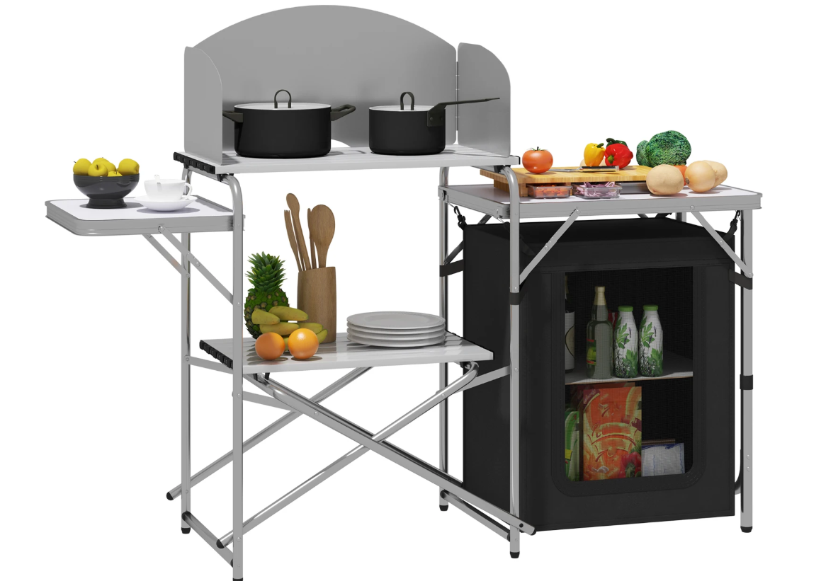 Opvouwbare Camping Keukenkast – Aluminium Kooktafel met Opbergruimte en Windscherm