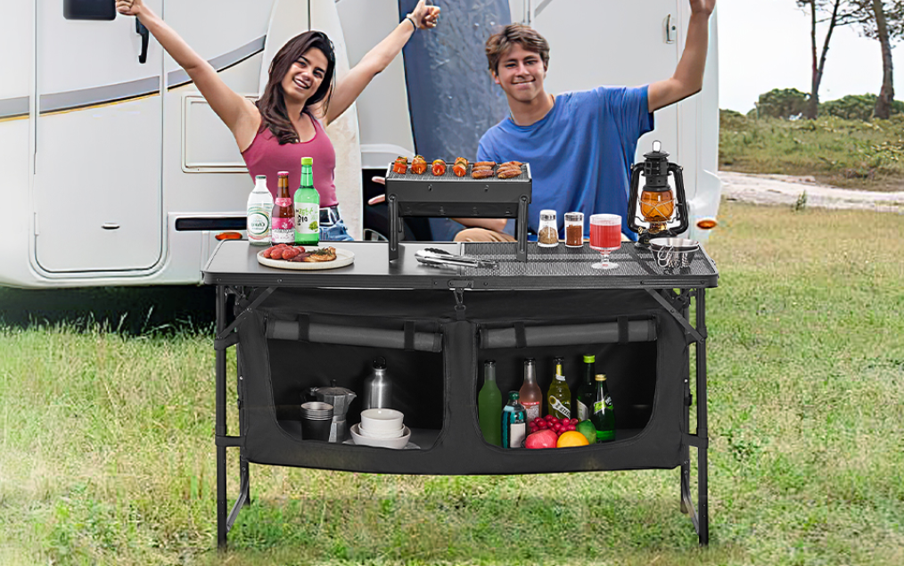 Camping Keukentafel – Opvouwbare Outdoor Kooktafel met Opbergruimte en Verstelbare Hoogte