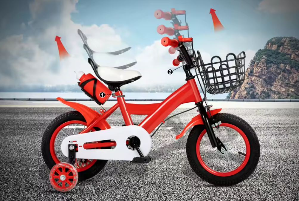 Kinderfiets met Mand en Zijwieltjes – Verstelbare Peuterfiets 12 Inch met Veilig Remsysteem
