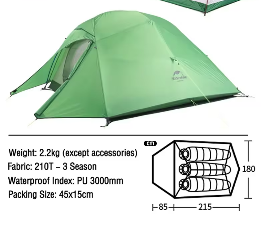 Ultralichte 3-Persoons Tent – Waterdichte Camping Tent met Grondzeil voor Hiking en Outdoor