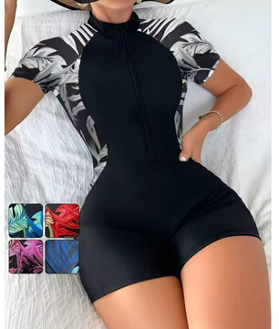 Dames One Piece Zwempak met Rits – Bloemenprint UV Bescherming en Korte Mouwen