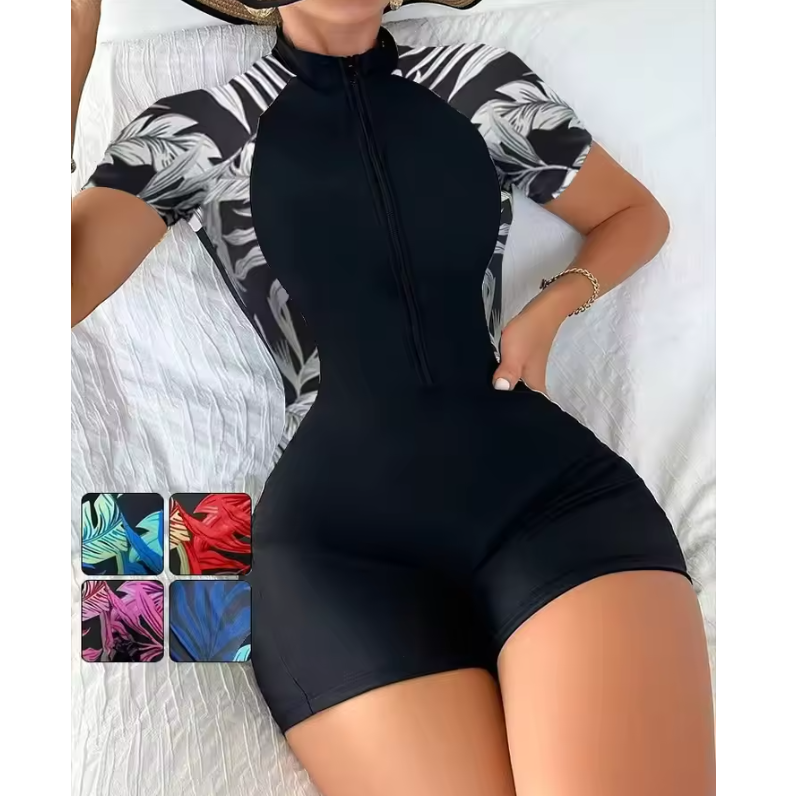 Dames One Piece Zwempak met Rits – Bloemenprint UV Bescherming en Korte Mouwen
