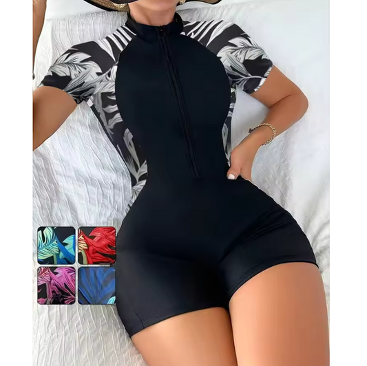 Dames One Piece Zwempak met Rits – Bloemenprint UV Bescherming en Korte Mouwen