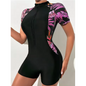 Dames One Piece Zwempak met Rits – Bloemenprint UV Bescherming en Korte Mouwen