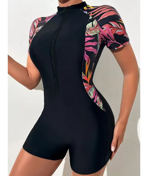 Dames One Piece Zwempak met Rits – Bloemenprint UV Bescherming en Korte Mouwen