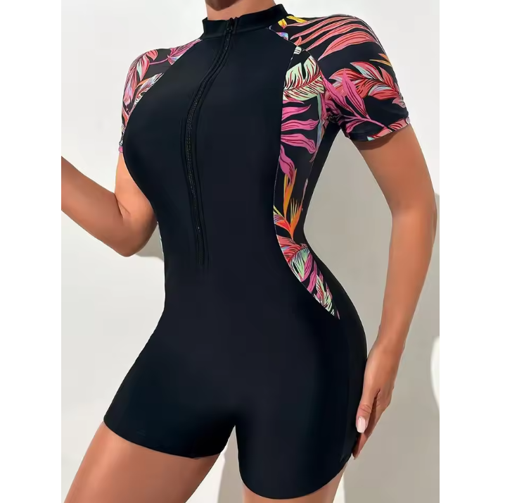 Dames One Piece Zwempak met Rits – Bloemenprint UV Bescherming en Korte Mouwen
