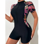 Dames One Piece Zwempak met Rits – Bloemenprint UV Bescherming en Korte Mouwen