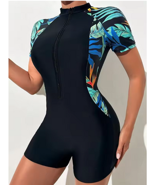 Dames One Piece Zwempak met Rits – Bloemenprint UV Bescherming en Korte Mouwen