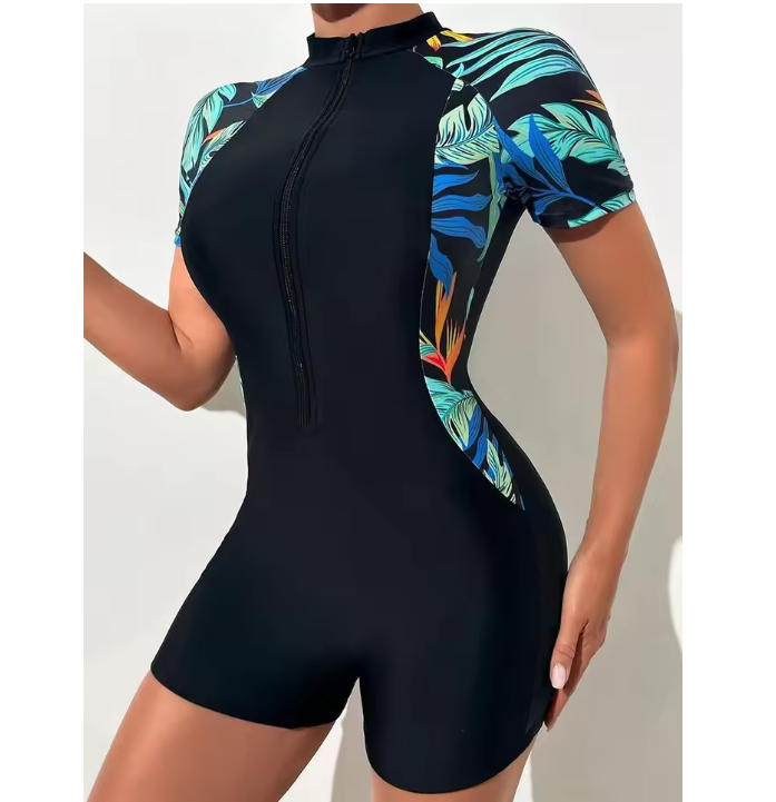 Dames One Piece Zwempak met Rits – Bloemenprint UV Bescherming en Korte Mouwen