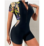 Dames One Piece Zwempak met Rits – Bloemenprint UV Bescherming en Korte Mouwen