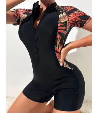 Dames One Piece Zwempak met Rits – Bloemenprint UV Bescherming en Korte Mouwen