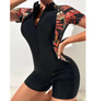 Dames One Piece Zwempak met Rits – Bloemenprint UV Bescherming en Korte Mouwen