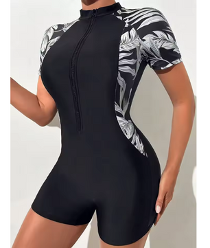 Dames One Piece Zwempak met Rits – Bloemenprint UV Bescherming en Korte Mouwen
