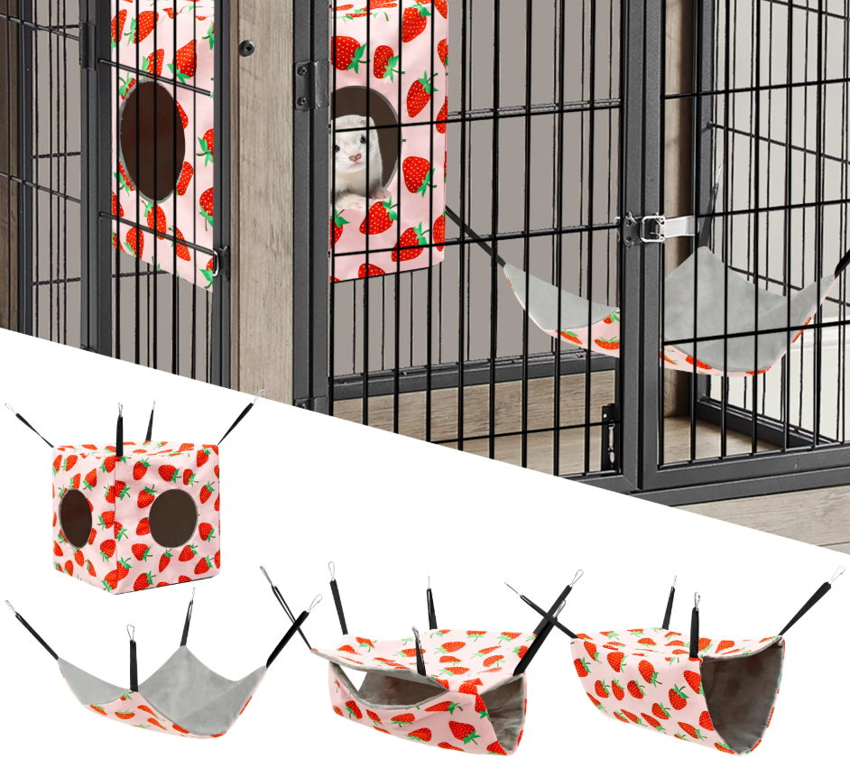 4-Delige Hamster Hangmat Set – Zacht Polyester Ophangsysteem met Tunnel, Nest en Mat voor Kleine Knaagdieren
