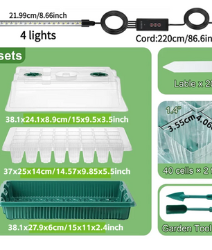 Set van 2 Startbakken voor Zaden met Ontkiemingsset – 80 Cellen, Hoge Koepel, 4 LED-Kweeklampen, Slimme Timer en 3 Lichtmodi