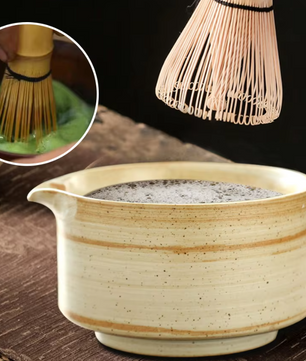 4-delige Japanse Matcha Thee Set – Bamboe Klopper, Lepel, Kom en Keramische Houder, Traditionele Theeceremonie Accessoires